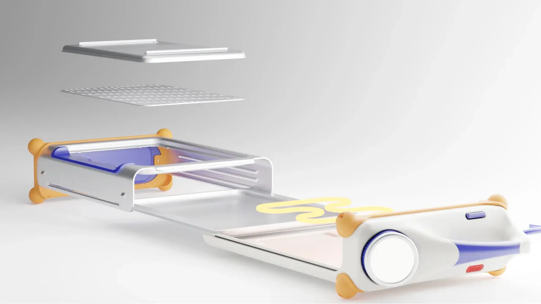 Explosionsdarstellung eines modularen Elektrogrills aus einer Bachelorarbeit im Studiengang Integriertes Produktdesign der HdM Stuttgart