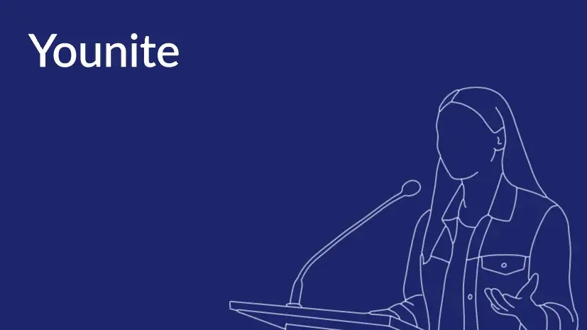 Visual des Projekts Younite aus dem Master Digital Design der HdM Stuttgart. Die Illustration zeigt eine junge Person am Rednerpult als Symbol für politische Beteiligung und demokratische Mitgestaltung.