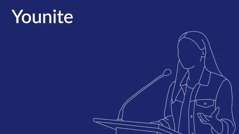 Visual des Projekts Younite aus dem Master Digital Design der HdM Stuttgart. Die Illustration zeigt eine junge Person am Rednerpult als Symbol für politische Beteiligung und demokratische Mitgestaltung.