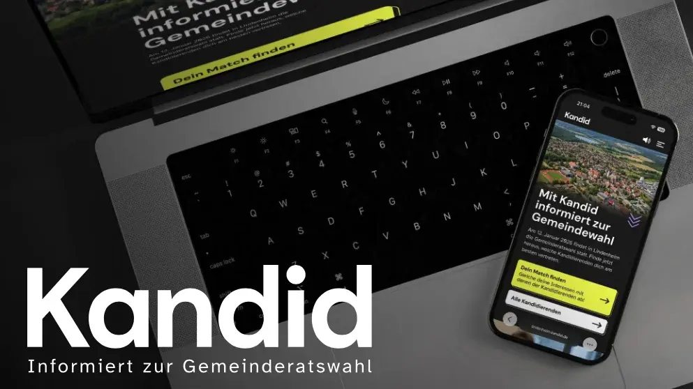 Visual des Projekts Kandid aus dem Master Digital Design der HdM Stuttgart. Die Plattform unterstützt junge Menschen dabei, Kandidierende bei Kommunalwahlen zu vergleichen und informierte Wahlentscheidungen zu treffen.