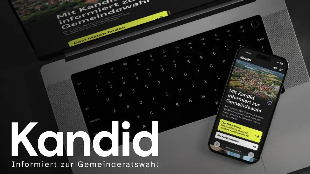 Visual des Projekts Kandid aus dem Master Digital Design der HdM Stuttgart. Die Plattform unterstützt junge Menschen dabei, Kandidierende bei Kommunalwahlen zu vergleichen und informierte Wahlentscheidungen zu treffen.