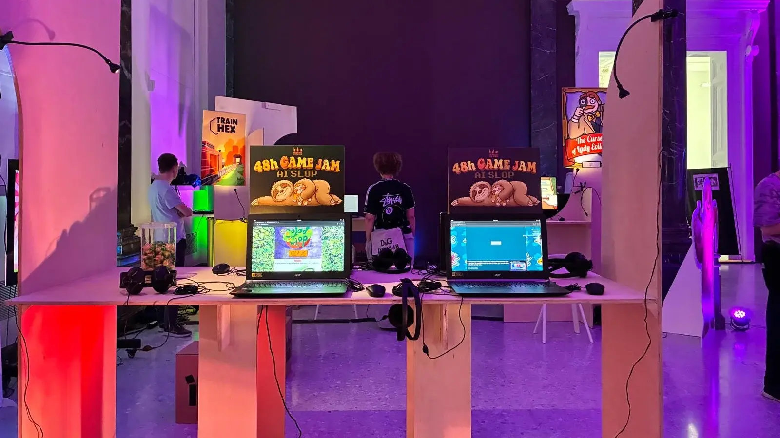 Installation und spielbare Prototypen des internationalen AI-Slop Game Jams bei der GameZone 2026 in der Staatsgalerie Stuttgart